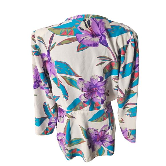 Vintage 80s Tropical Floral Blouse Tie Front Purple Teal Shoulder Pads Top M - Picture 8 of 14